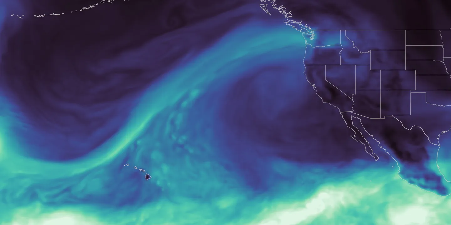 This map, derived from NASA’s GEOS (Goddard Earth Observing System), shows an atmospheric river reaching Washington state in December 2025, during a winter marked by extreme rainfall and too little mountain snow.