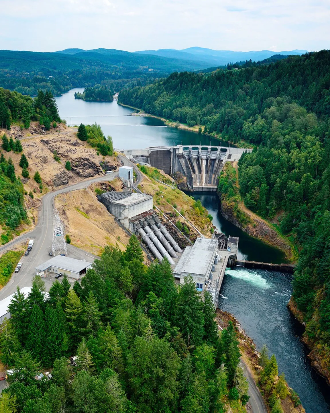 Tacoma Power’s Mayfield Dam and powerhouse sit on the Cowlitz River in southwest Washington, where forecasts using NASA data support reservoir operations and hydropower generation.